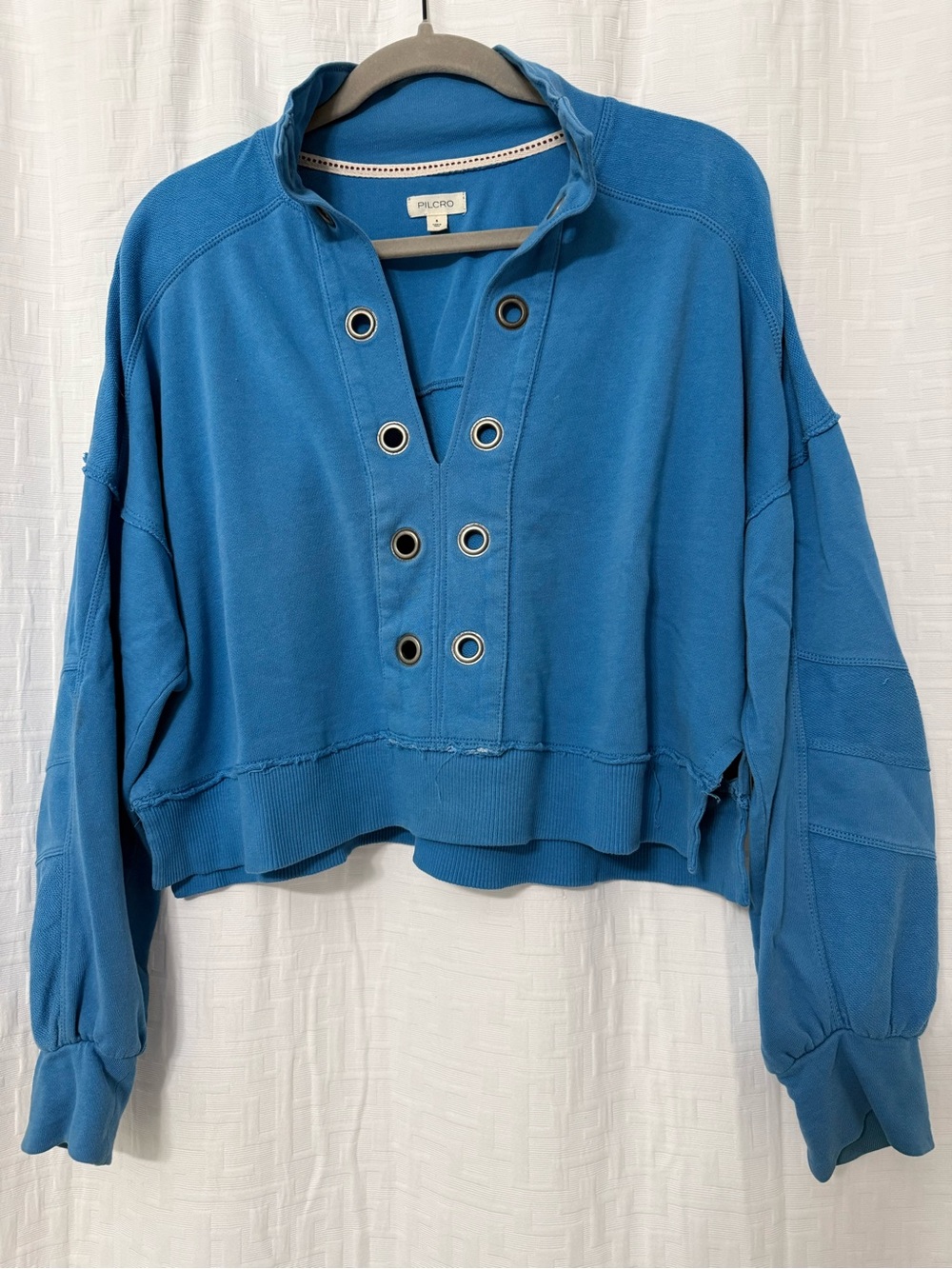 Pilcro Teal-Blue Grommet Cropped Pullover Sweatshirt